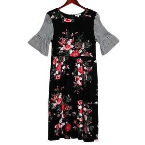 Sweet Claire Dress Babydoll Floral Striped Short Bell Sleeves Black Pink Red-M